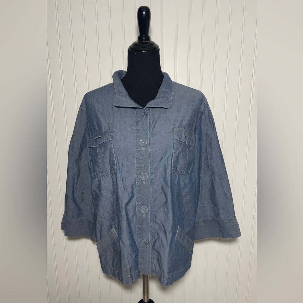 Chicos 3 Blazer Lightweight Button Down Blue Denim Size XL Granola Coastal Boho